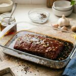 Bavette de boeuf qui marine dans un plat de pyrex. On voit la marinade brune à base de sauce soya et les petites morceaux d'ail et de gingembre.