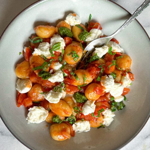 Gnocchis poêlés nappés de sauce tomate fraîche, garnis de bocconcini effiloché, de basilic frais et de pesto, servis dans un bol en grès.